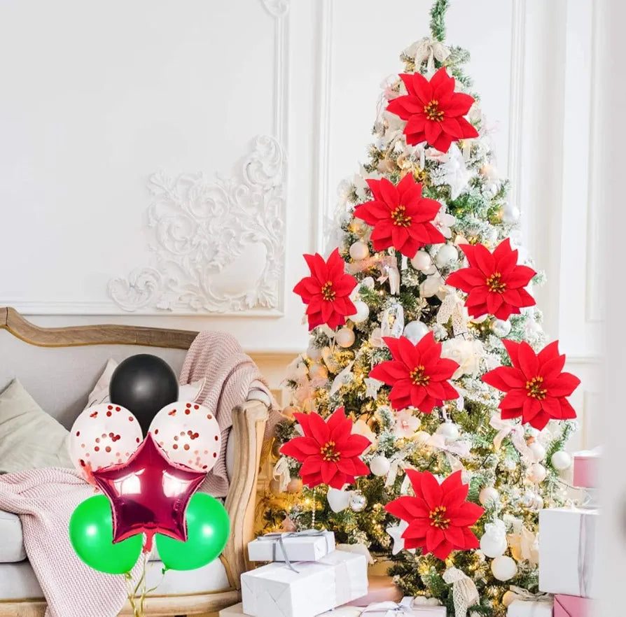 VRB Dec™ 12pcs Christmas Poinsettias Red/Gold Velvet Decorative Artificial Flowers Christmas Flowers of Velvet Christmas Decorations Items/Chritmas Tree/Decoration Items )